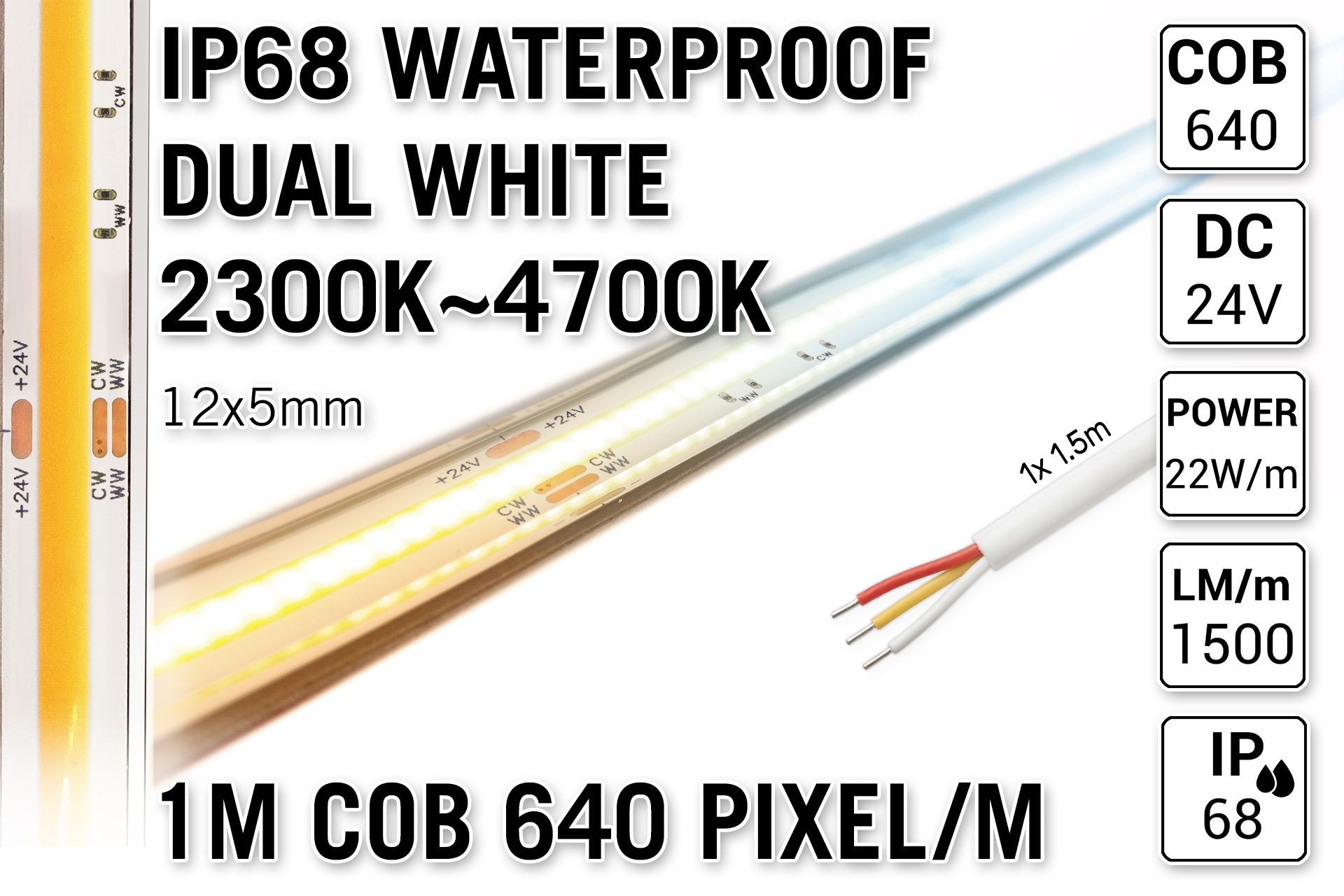 AppLamp ProLine 1m IP68 PRO LINE COB Dual Wit 2300K~4700K CCT Led Strip | COB 640 Pixels pm 24V - Losse Strip