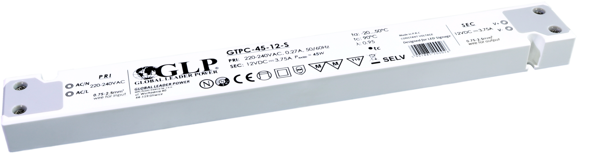 GLP Ultra Dunne Constant Voltage Voeding DC 24 Volt 45 Watt 1.87 Ampère met PFC control