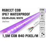 COB RGBCCT IP67 Waterproof Led Strip | Kleur+Dual Wit | 1,5m 25W pm  24V | 840 pixels pm - Losse Strip