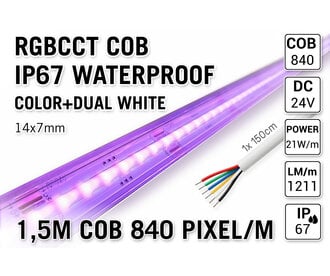 1,5m COB RGBCCT IP67 Waterproof Led Strip | 21W pm  24V | 840 pixels pm - Losse Strip