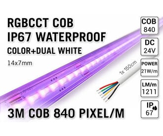 3m COB RGBCCT IP67 Waterproof Led Strip | 25W pm  24V | 840 pixels pm - Losse Strip