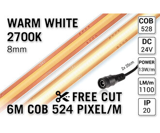 Free Cut COB 2700K Warm Wit Led Strip | 6m | 13W pm | 24V | 528 pixels pm - Losse Strip