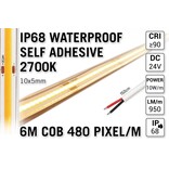 6m IP68 Waterdichte COB 2700K Warm Wit Led Strip | 10W pm | 24V | 480 pixels pm - Zelfklevend