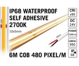 6m IP68 Waterdichte COB 2700K Warm Wit Led Strip | 10W pm | 24V | 480 pixels pm - Zelfklevend