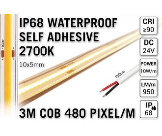 3m IP68 Waterdichte COB 2700K Warm Wit Led Strip | 10W pm | 24V | 480 pixels pm - Zelfklevend