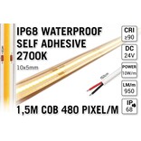 1.5m IP68 Waterdichte COB 2700K Warm Wit Led Strip | 10W pm | 24V | 480 pixels pm - Zelfklevend