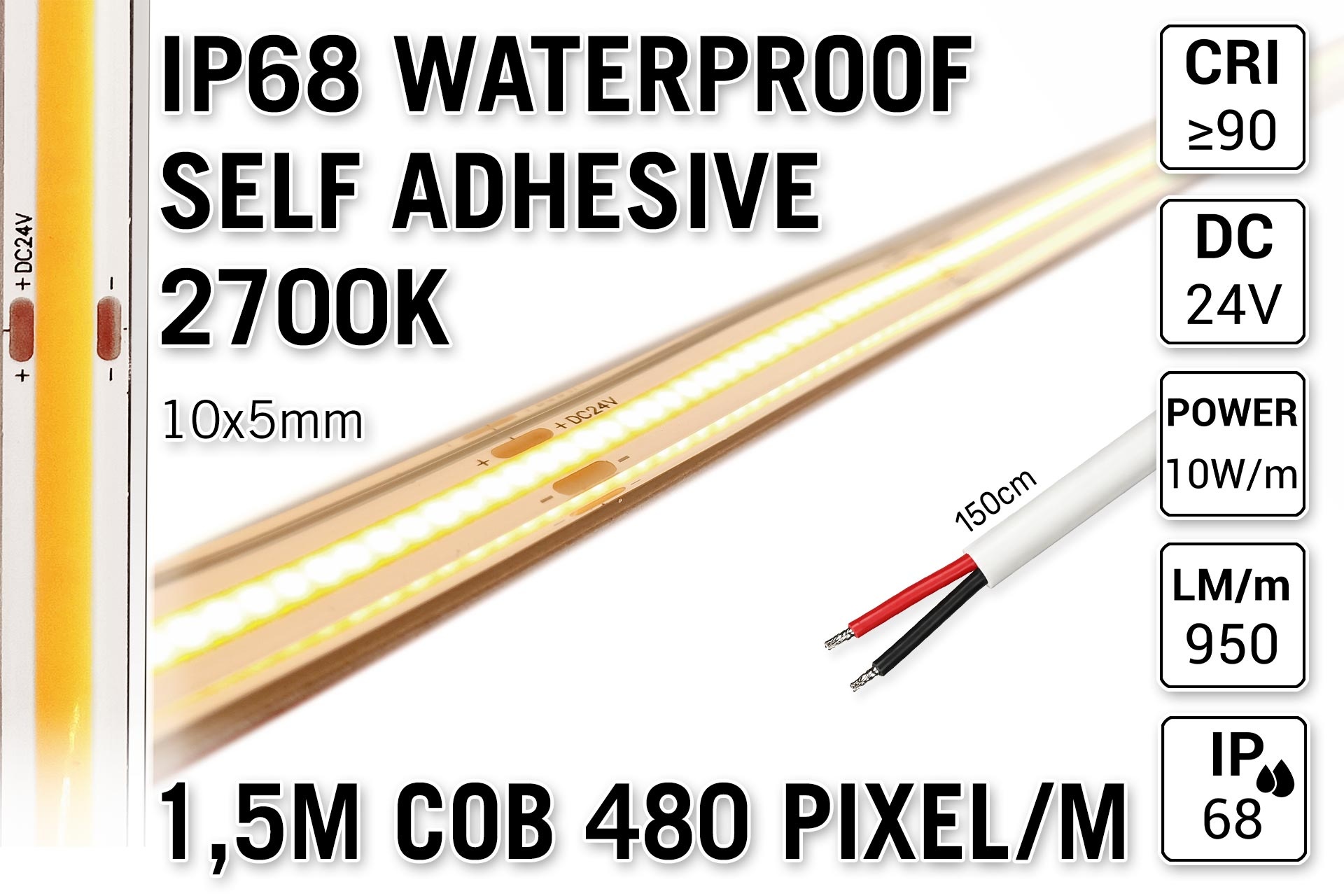 1.5m IP68 Waterdichte COB 2700K Warm Wit Led Strip | 10W pm | 24V | 480 pixels pm - Zelfklevend