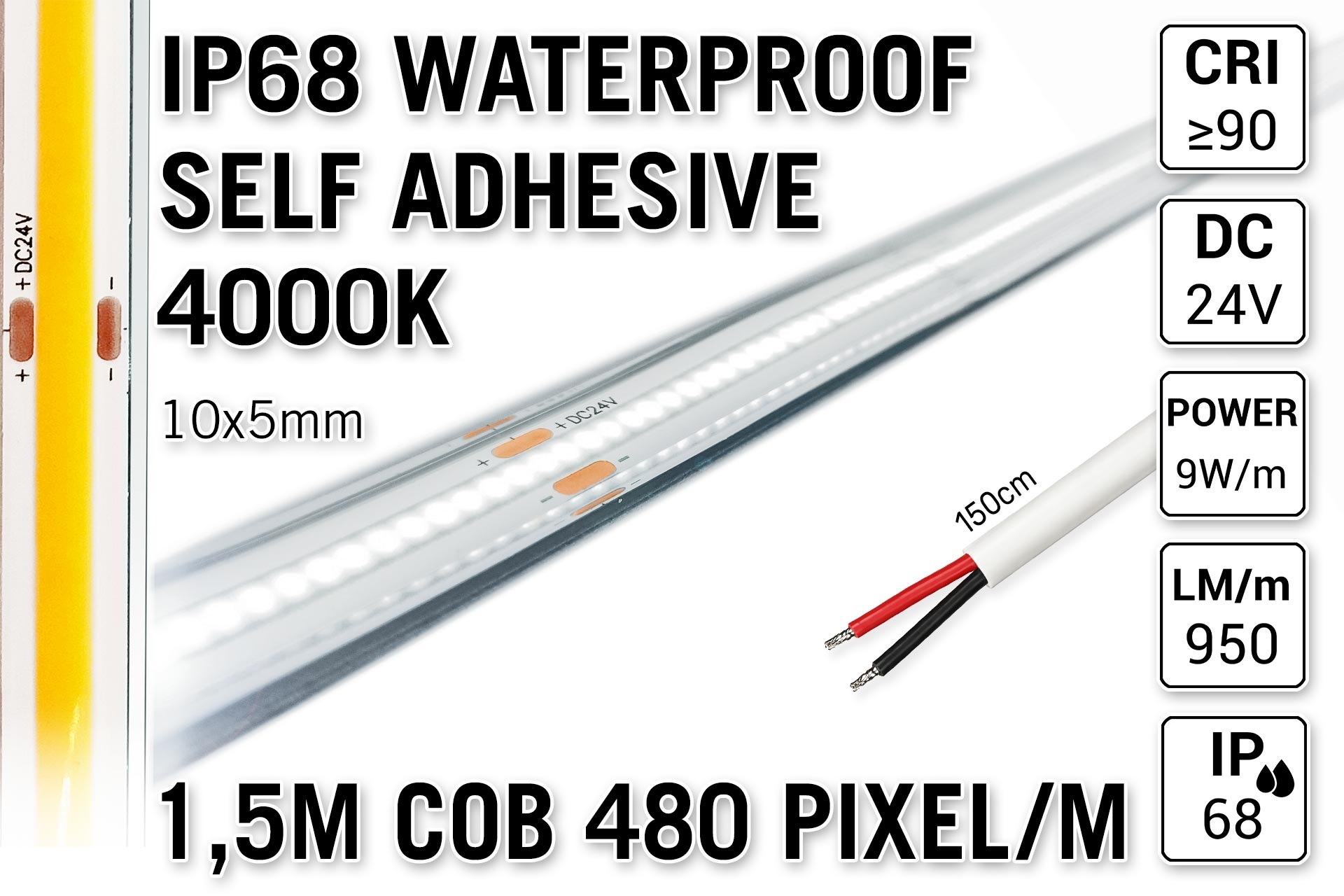 1.5m IP68 Waterdichte COB 4000K Neutraal Wit Led Strip | 9W pm  24V | 480 pixels pm - Zelfklevend