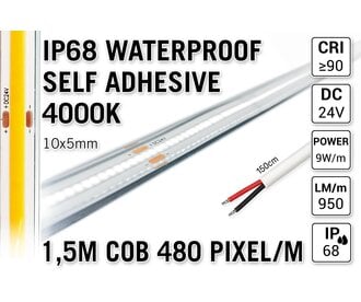 1.5m IP68 Waterdichte COB 4000K Neutraal Wit Led Strip | 9W pm  24V | 480 pixels pm - Zelfklevend