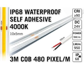3m IP68 Waterdichte COB4000K Neutraal Wit Led Strip | 9W pm  24V | 480 pixels pm - Zelfklevend