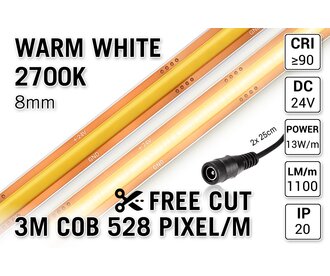 Free Cut COB 2700K Warm Wit Led Strip | 3m | 13W pm | 24V | 528 pixels pm - Losse Strip