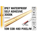 10m IP67 Waterdichte COB 3000K Warm Wit Led Strip | 480 Pixels pm 48V CRI90 - Losse Strip