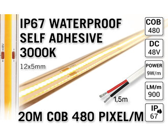 20m IP67 Waterdichte COB 3000K Warm Wit Led Strip | 10W pm  48V | 480 pixels pm - Zelfklevend