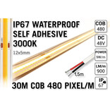 30m IP67 Waterdichte COB 3000K Warm Wit Led Strip | 480 Pixels pm 48V CRI90 - Losse Strip