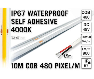 10m IP67 Waterdichte COB 4000K Neutraal Wit Led Strip | 10W pm  48V | 480 pixels pm - Zelfklevend