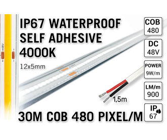 30m IP67 Waterdichte COB 4000K Neutraal Wit Led Strip | 10W pm  48V | 480 pixels pm - Zelfklevend