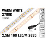 Warm Wit 2700K Led Strip | 2,5m 160 Leds pm Type 2835 24V IP20 Losse Strip CRI80