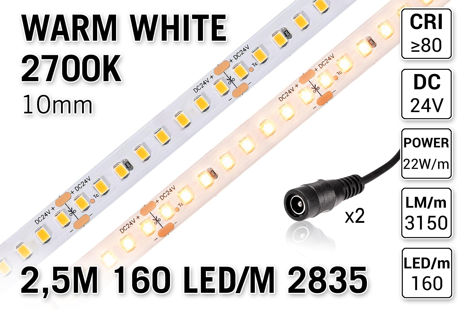 Warm Wit 2700K Led Strip | 2,5m 160 Leds pm Type 2835 24V IP20 Losse Strip CRI80
