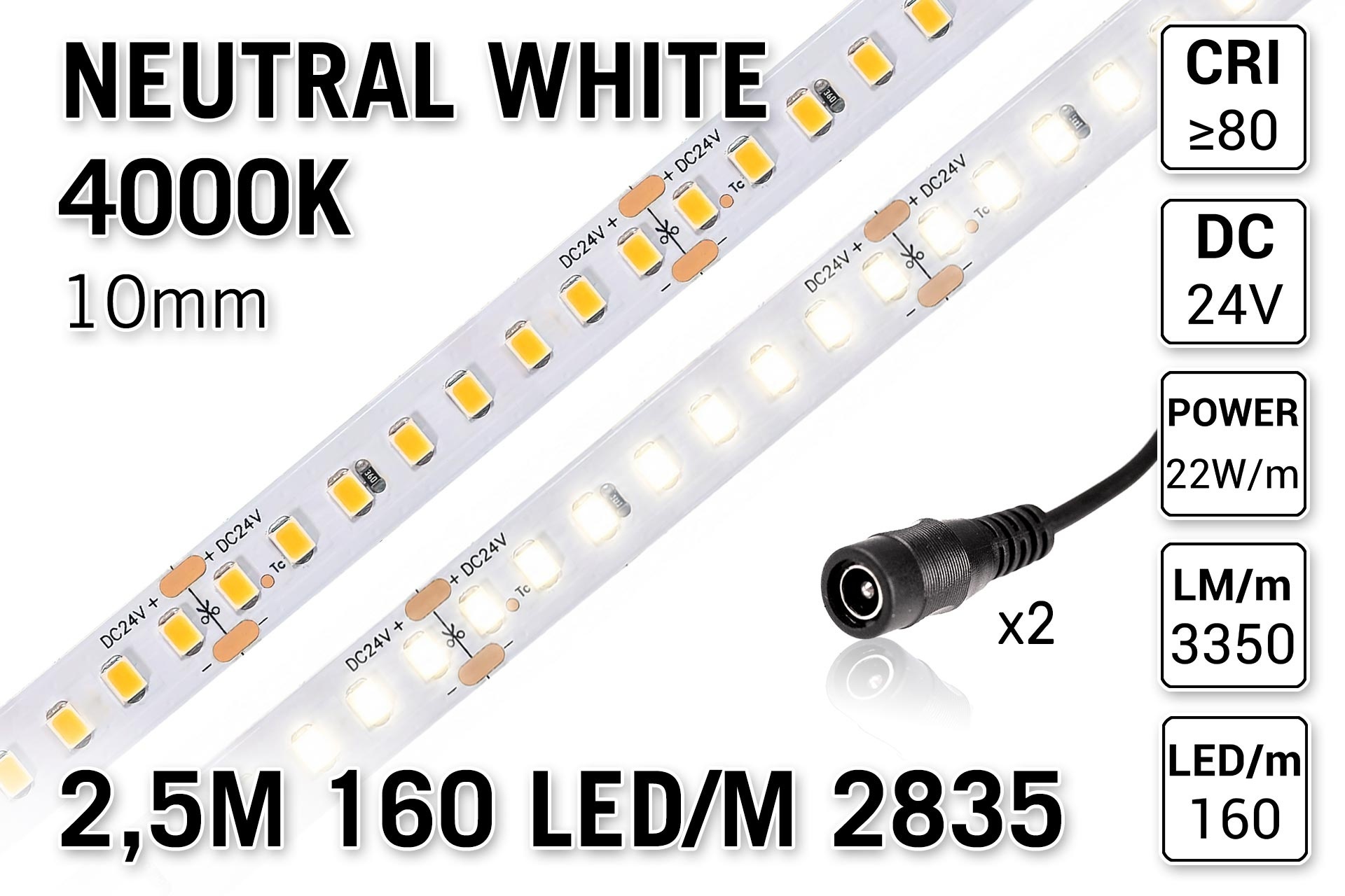 Neutraal Wit 4000K Led Strip | 2,5m 160 Leds pm Type 2835 24V IP20 Losse Strip CRI80