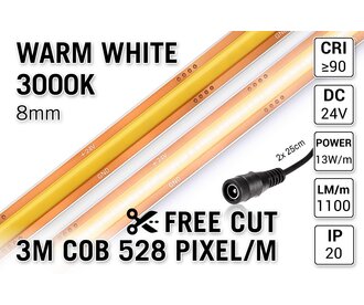Free Cut COB 3000K Warm Wit Led Strip | 3m | 13W pm | 24V | 528 pixels pm - Losse Strip