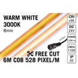 Vrij Knipbare Pro Line COB 3000K Warm Wit Led Strip | 6m | 13W pm | 24V | 528 pixels pm - Losse Strip