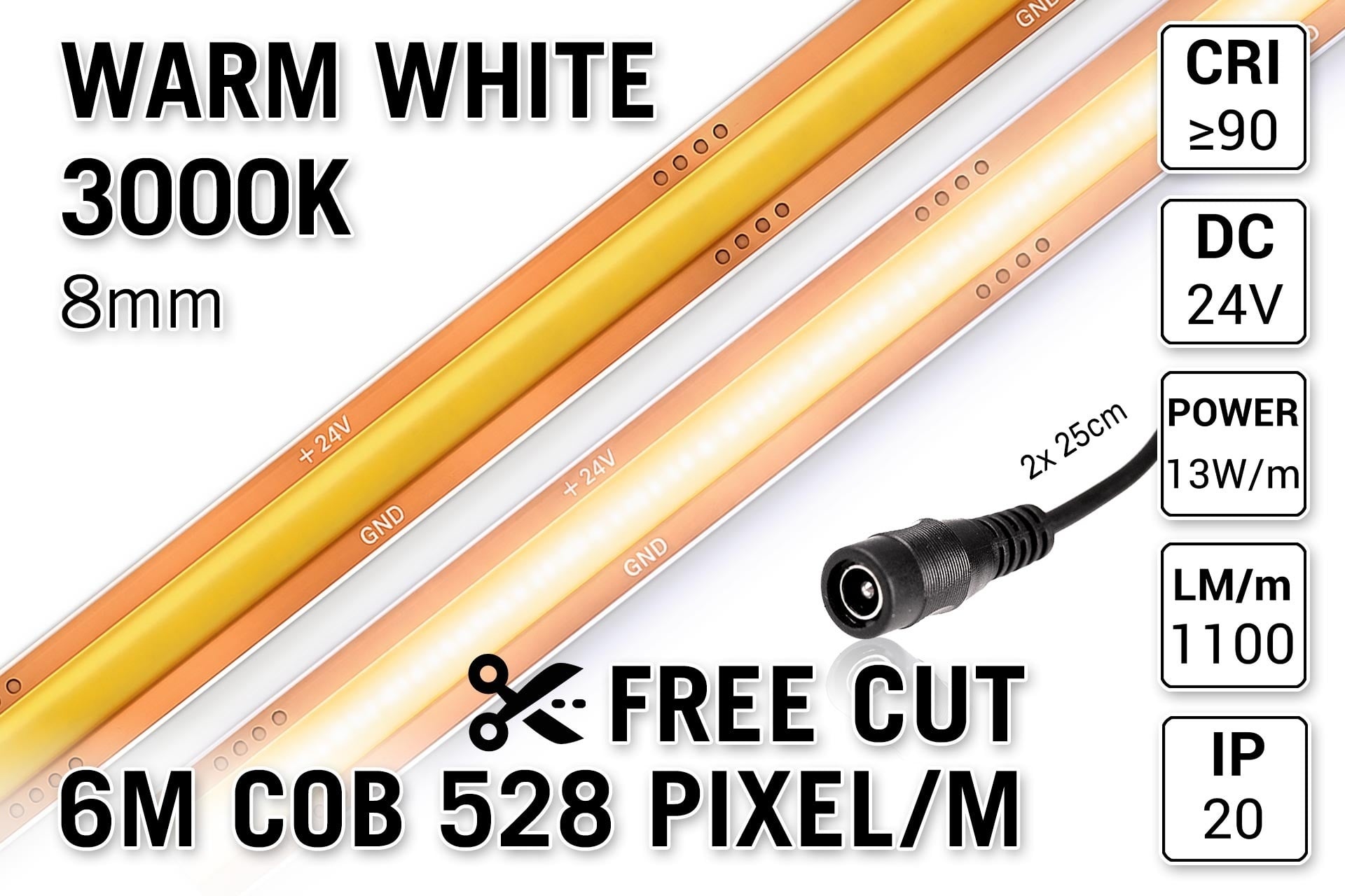 Vrij Knipbare Pro Line COB 3000K Warm Wit Led Strip | 6m | 13W pm | 24V | 528 pixels pm - Losse Strip