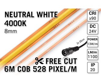 Free Cut COB 4000K Neutraal Wit Led Strip | 6m | 13W pm | 24V | 528 pixels pm - Losse Strip