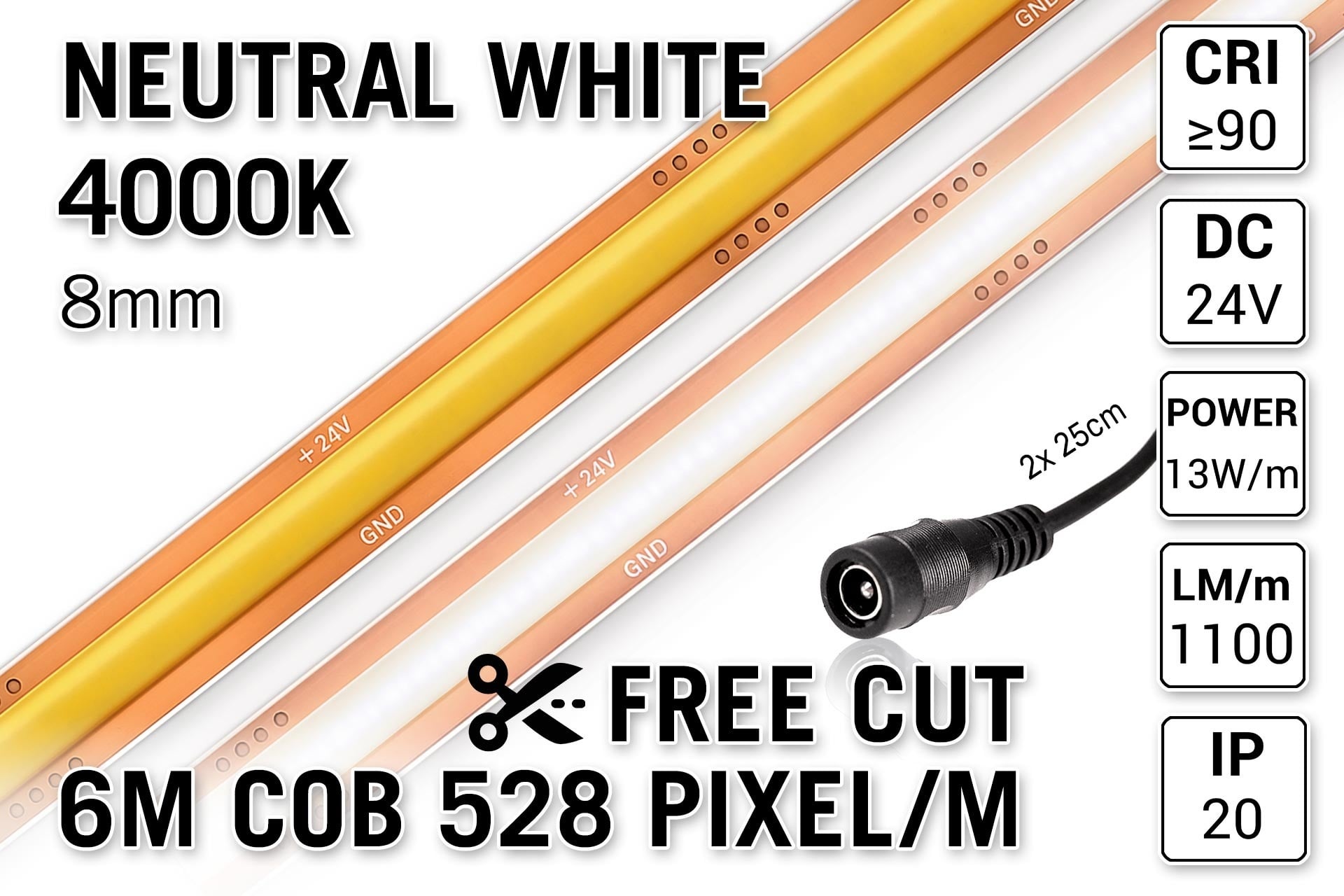 Vrij Knipbare Pro Line COB 4000K Neutraal Wit Led Strip | 6m | 13W pm | 24V | 528 pixels pm - Losse Strip