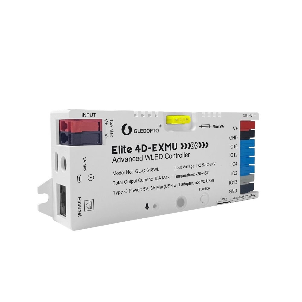 GLEDOPTO Gledopto Elite 4D-EXMU (GL-C-618WL) Geavanceerde WLED Controller | 4 Digitale Outputs | Ethernet, WiFi & Microfoon voor Adresseerbare LED-strips