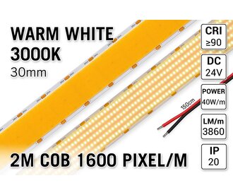 Extra Heldere Super Wide Warm Wit COB LED Strip 3000K | 2m | 3860 lm/m | 30mm breed - Losse Strip