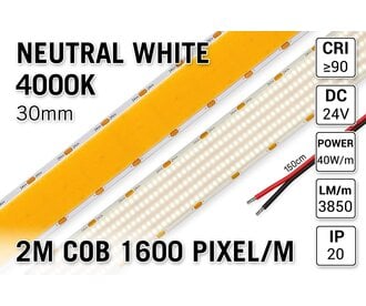 Extra Heldere Super Wide Neutraal Wit COB LED Strip 4000K | 2m | 3850 lm/m | 30mm breed - Losse Strip