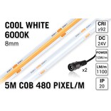 Pro Line Koud Wit Daglicht COB LED Strip 6000K | 5m | Hoge CRI Ra 92 | 1100 lm/m | 10W pm | 480 COB LEDs pm | 8mm | 24V | IP20 - Losse Strip