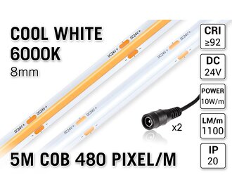 Koud Wit Daglicht COB LED Strip 6000K | 5m | Hoge CRI 92 | 1100 lm/m - Losse Strip