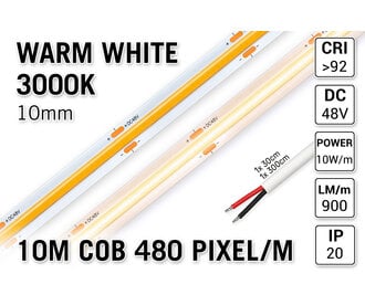 48V Warm Wit COB LED Strip 3000K | 10m | Long Run | 870 lm/m | CRI 92 - Losse Strip