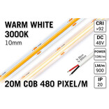 Pro Line 48V Warm Wit COB LED Strip 3000K | 20m | Voor Zeer Lange Runs Zonder Lichtafname | 870 lm/m | 10W pm | 480 COB LEDs pm | 10mm | CRI Ra 92 | IP20 - Losse Strip