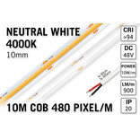 Pro Line 48V Neutraal Wit COB LED Strip 4000K | 10m | Voor Zeer Lange Runs Zonder Lichtafname | 860 lm/m | 10W pm | 480 COB LEDs pm | 10mm | CRI Ra 94 | IP20 - Losse Strip