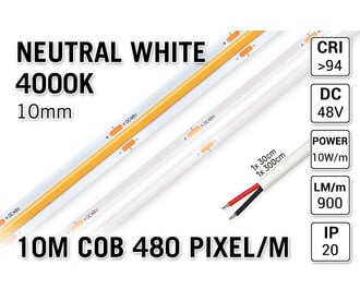 48V Neutraal Wit COB LED Strip 4000K | 10m | Long Run | 860 lm/m | CRI 94 - Losse Strip