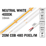 Pro Line 48V Neutraal Wit COB LED Strip 4000K | 20m | Voor Zeer Lange Runs Zonder Lichtafname | 860 lm/m | 10W pm | 480 COB LEDs pm | 10mm | CRI Ra 94 | IP20 - Losse Strip