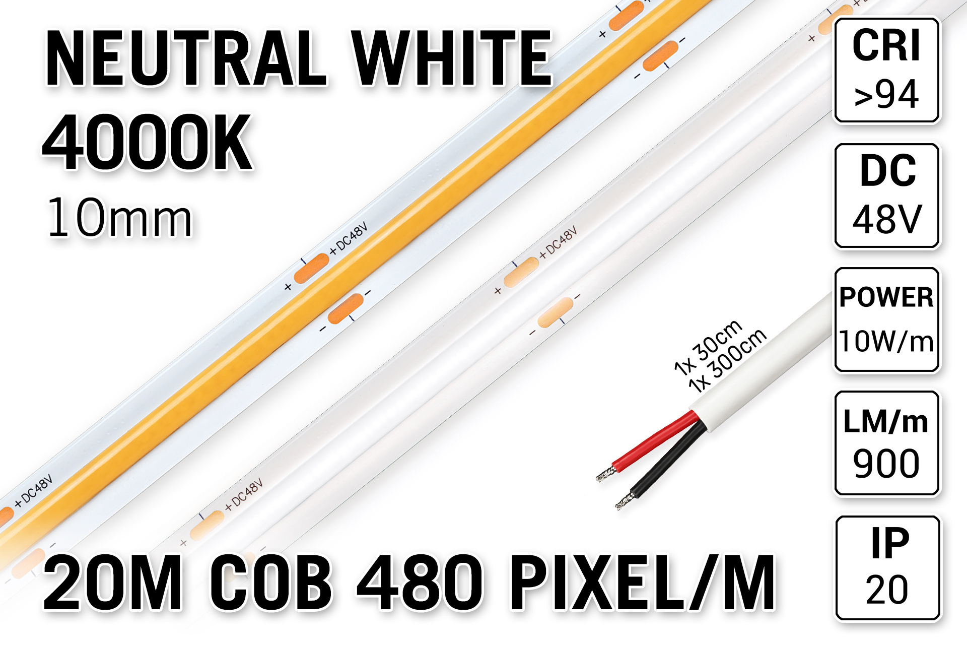 Pro Line 48V Neutraal Wit COB LED Strip 4000K | 20m | Voor Zeer Lange Runs Zonder Lichtafname | 860 lm/m | 10W pm | 480 COB LEDs pm | 10mm | CRI Ra 94 | IP20 - Losse Strip