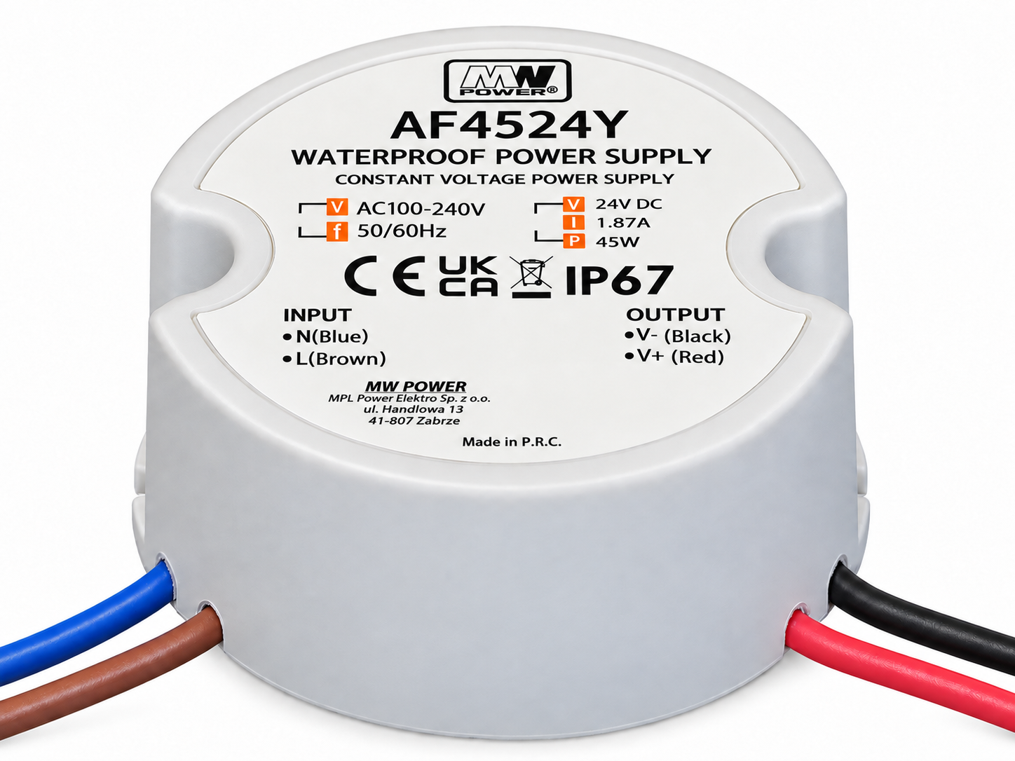 MWPower Mini Waterdichte Voeding Ø50mm - DC 24V 45 Watt 1.87A - IP67