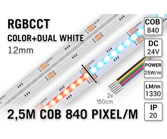 COB RGBCCT Led Strip | 2,5m 25W pm  24V | 840 pixels pm - Losse Strip