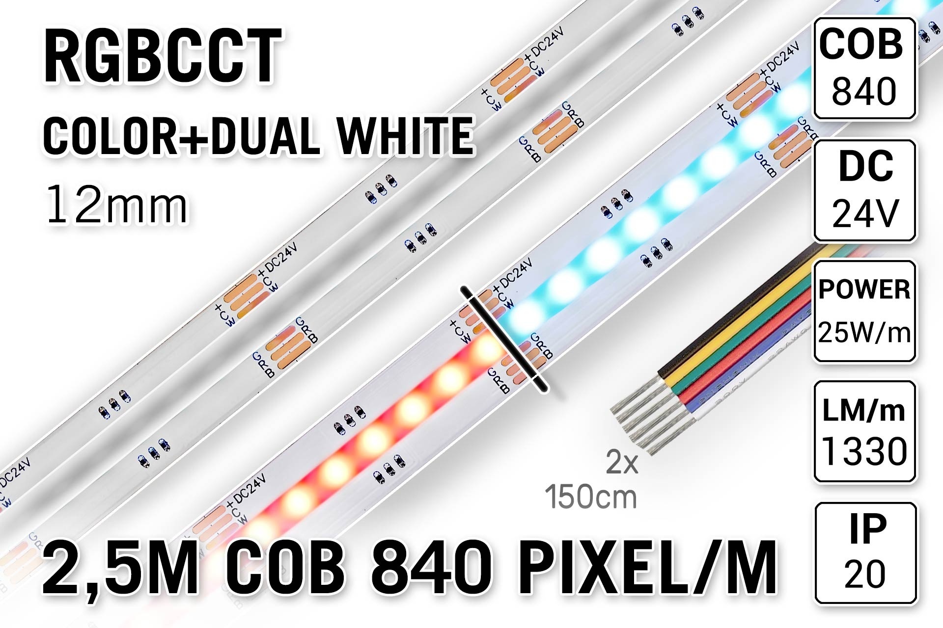 COB RGBCCT Led Strip | Kleur+Dual Wit | 2,5m 25W pm  24V | 840 pixels pm - Losse Strip