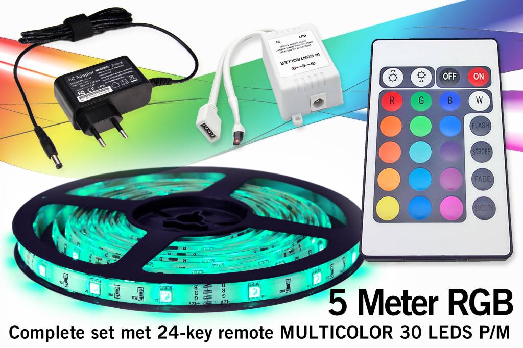 RGB Led Strip met afstandsbediening 5m 12V 7,2W pm AppLamp.nl