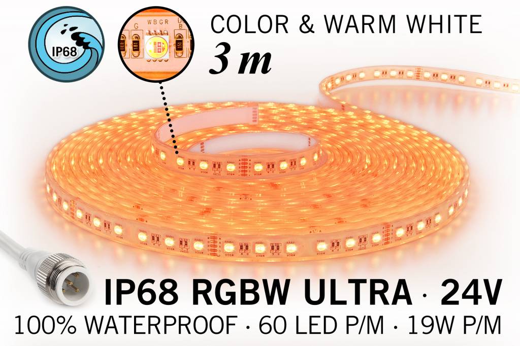 RGB & Warm Wit IP68 Waterdicht Ultra 4 in 1 Led Strip | 60 Leds pm 3m Type 5050 24V 19,2W pm
