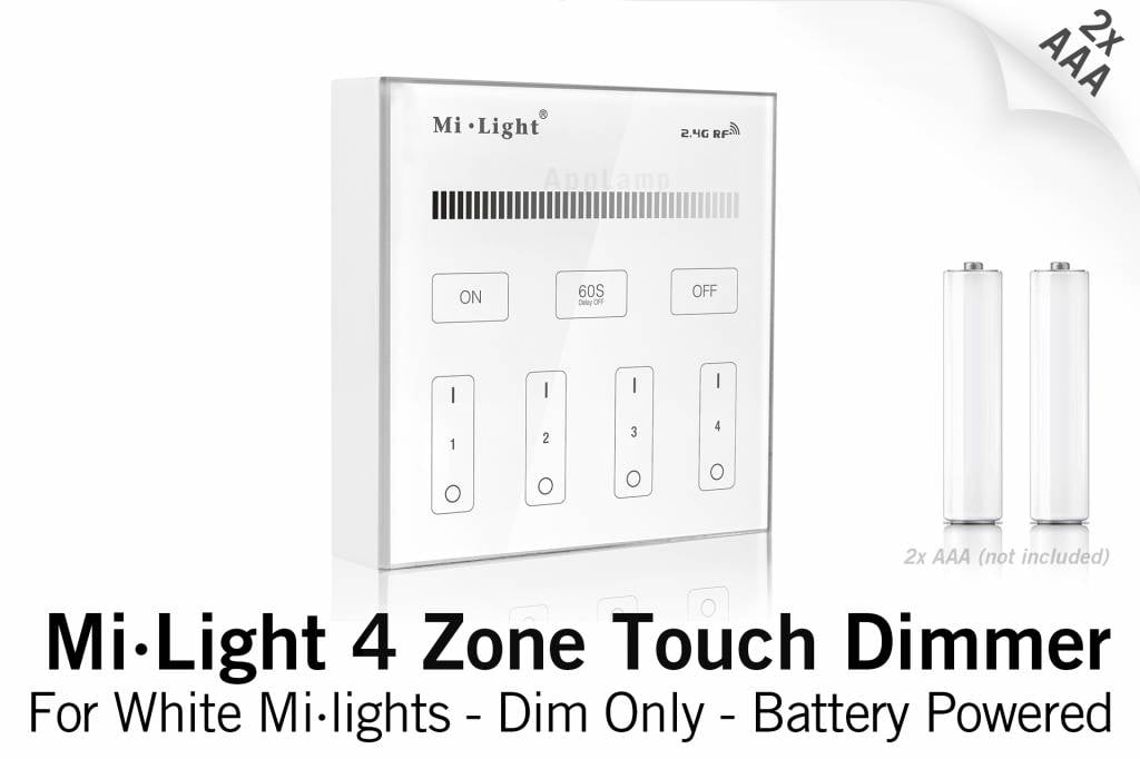 Mi·Light MiLight RF Opbouw Touch WandBediening Dimmer 4-zone, Enkele kleur, AAA Batterij