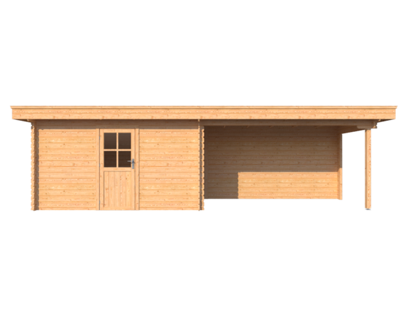 Blokhut met overkapping plat dak 400 x 200 + 400cm