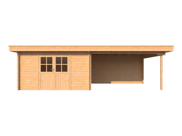 Blokhut met overkapping plat dak 400 x 300 + 400cm