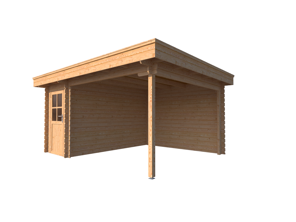 Leed gebruiker Potentieel Blokhut met overkapping plat dak 150 x 350 + 300cm | Enkele deur -  Blokhuttenoutlet.nl