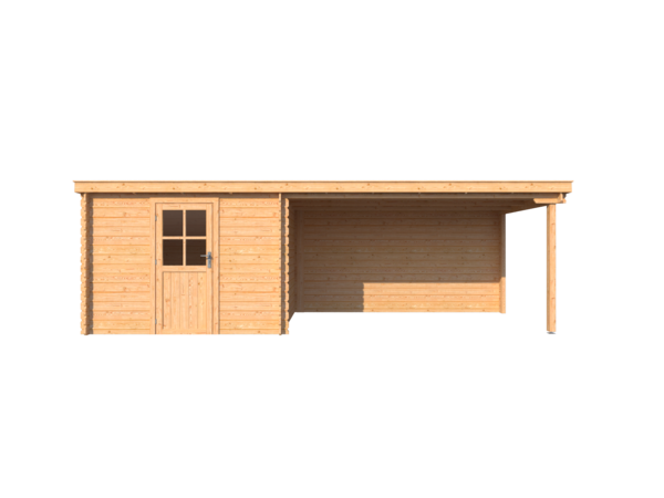 Blokhut met overkapping lessenaar dak 300 x 250 + 400cm