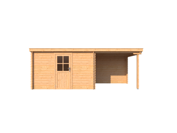 Blokhut met overkapping lessenaar dak 350 x 250 + 250cm